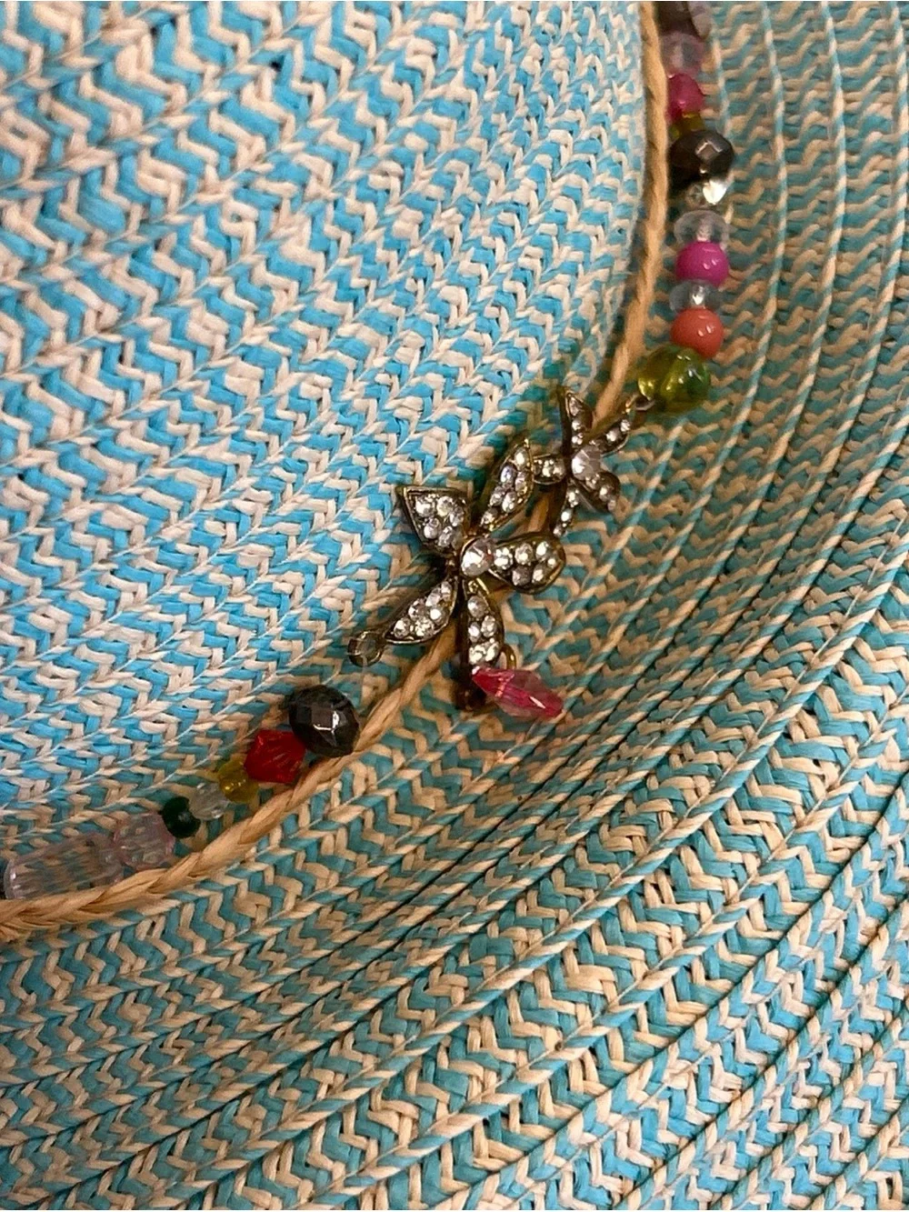 Cappelli Straworld Striped Wide Brim Sun Hat Turquoise w/Beaded Band One Size